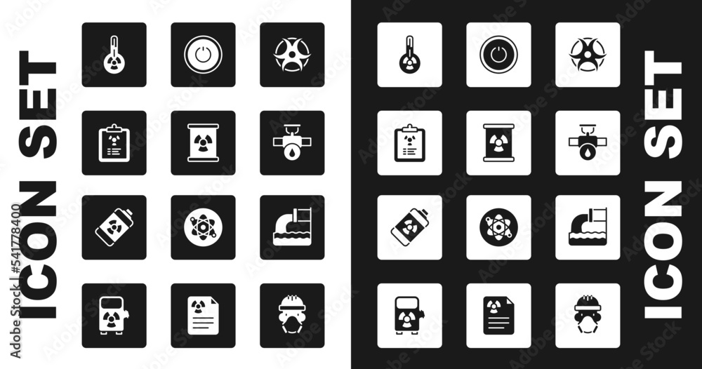 Set Biohazard symbol, Radioactive waste in barrel, Radiation warning document, Meteorology thermometer, Industry pipe and valve, Power button, Wastewater and Nuclear energy battery icon. Vector Set Biohazard symbol, Radioactive waste in barrel, Radiation warning document, Meteorology thermometer, Industry pipe and valve, Power button, Wastewater and Nuclear energy battery icon. Vector