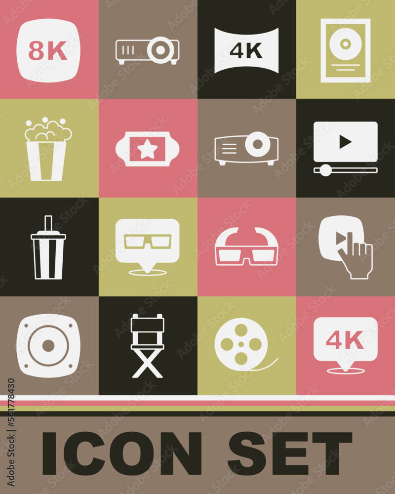 Set 4k Ultra HD, Online play video, Screen tv with, Cinema ticket, Popcorn cardboard box, 8k and Movie, film, media projector icon. Vector Set 4k Ultra HD, Online play video, Screen tv with, Cinema ticket, Popcorn cardboard box, 8k and Movie, film, media projector icon. Vector