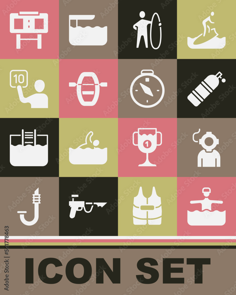 Set Water gymnastics, Aqualung, Surfboard, Boat with oars, Assessment of judges, Sport mechanical scoreboard and Compass icon. Vector Set Water gymnastics, Aqualung, Surfboard, Boat with oars, Assessment of judges, Sport mechanical scoreboard and Compass icon. Vector