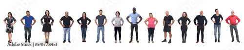 line of a large group of women and men with arms akimbo on white background