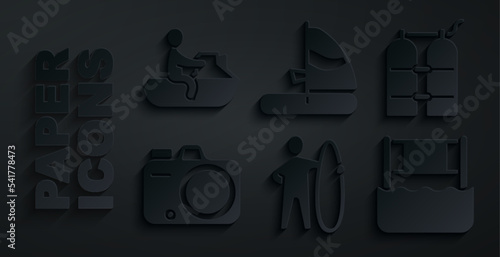 Set Surfboard, Aqualung, Photo camera, Water volleyball net, Windsurfing and Jet ski icon. Vector