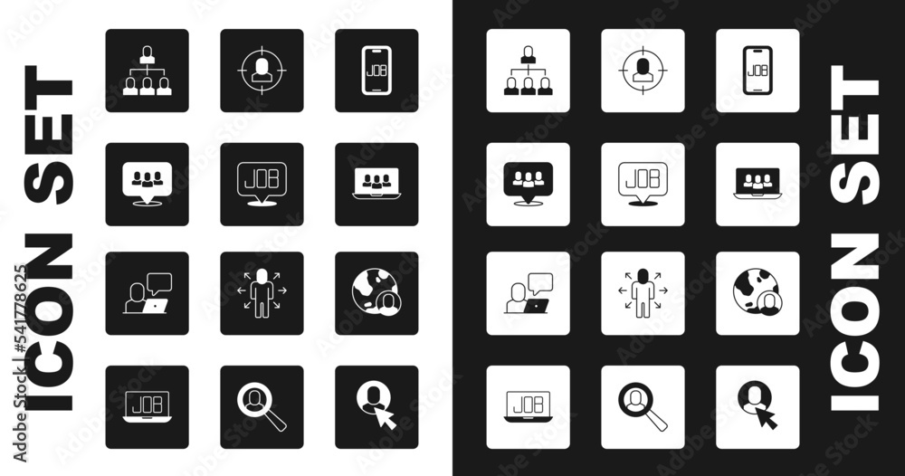 Set Search job, Project team base, Employee hierarchy, Head hunting, Globe and people and Freelancer icon. Vector Set Search job, Project team base, Employee hierarchy, Head hunting, Globe and people and Freelancer icon. Vector