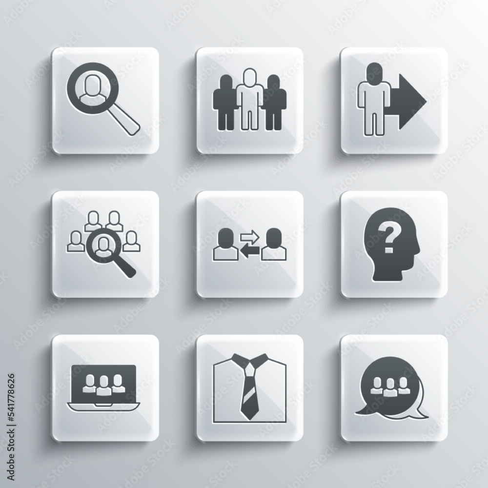 Set Tie, Project team base, Worker, Exchange work, Magnifying glass for search job, and Leader of of executives icon. Vector Set Tie, Project team base, Worker, Exchange work, Magnifying glass for search job, and Leader of of executives icon. Vector