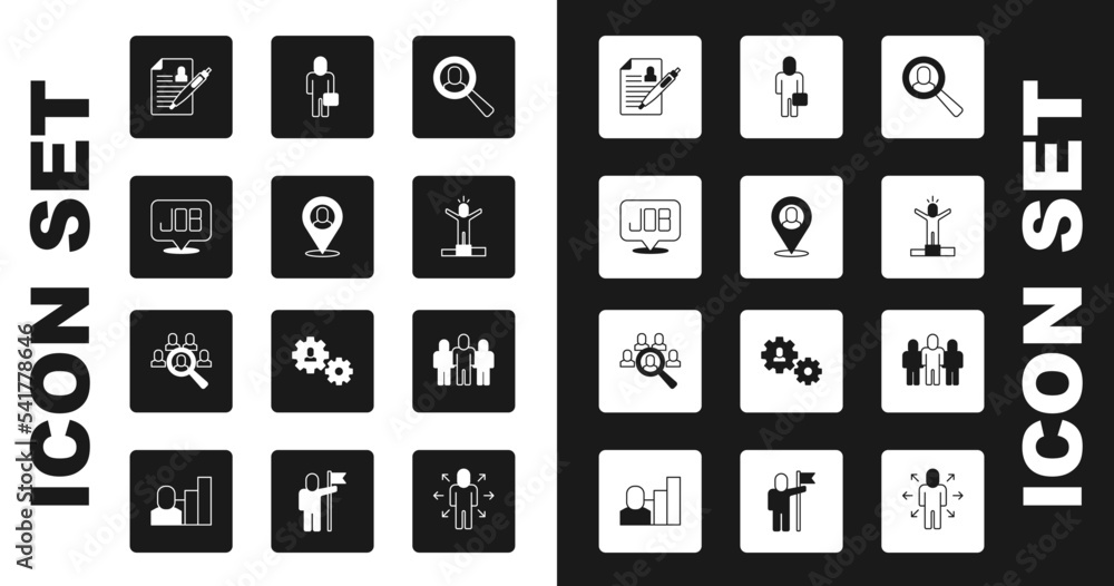 Set Magnifying glass for search job, Worker location, Search, Resume, Productive human, Businessman, Project team base and icon. Vector Set Magnifying glass for search job, Worker location, Search, Resume, Productive human, Businessman, Project team base and icon. Vector