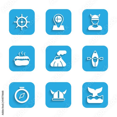 Set Volcano, Viking in horned helmet, Whale tail, Kayak and paddle, Compass, Hotdog sandwich, head and Ship steering wheel icon. Vector