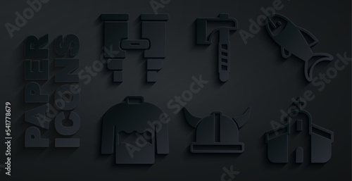 Set Viking in horned helmet, Fish, Sweater, Church building, Wooden axe and Binoculars icon. Vector