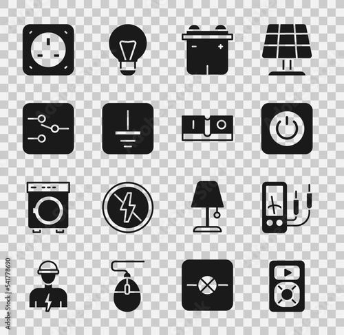 Set Music player, Ampere meter, multimeter, Power button, Car battery, Electrical symbol ground, Switch in electronic circuit, outlet and light switch icon. Vector