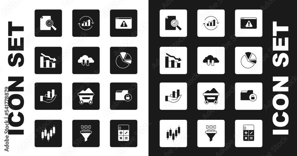 Set Browser with exclamation mark, Cloud download and upload, Financial growth decrease, Document graph chart, Pie infographic, Folder lock and icon. Vector Set Browser with exclamation mark, Cloud download and upload, Financial growth decrease, Document graph chart, Pie infographic, Folder lock and icon. Vector