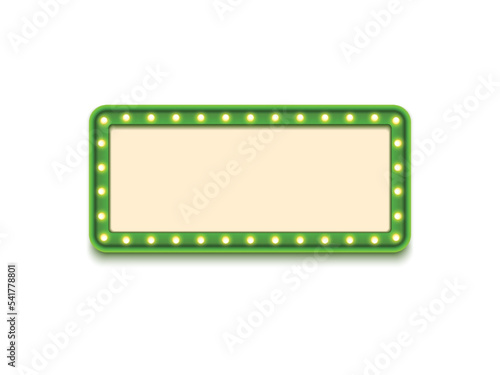 Antique shape marquee vintage 3d lightbox with glowing bulb. Green color retro frame design vector illustration.