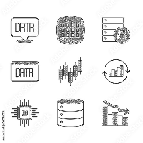 Set Browser with stocks market, Server, Financial growth decrease, Pie chart infographic, Processor CPU, Data analysis, security padlock and icon. Vector