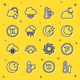 Set line Meteorology thermometer, Fahrenheit, Moon, Cloud with rain, Kelvin, and sun and stars icon. Vector