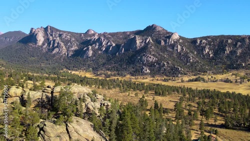 Sweeping view of Rocky Mountain National Park mountain ranges from Estes Park in fall after sunrise