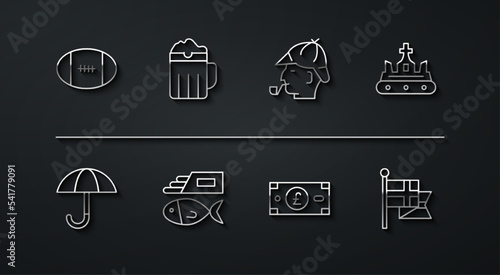 Set line Rugby ball, Umbrella, British crown, Pound sterling money, Fish and chips, Wooden beer mug, England flag flagpole and Sherlock Holmes icon. Vector