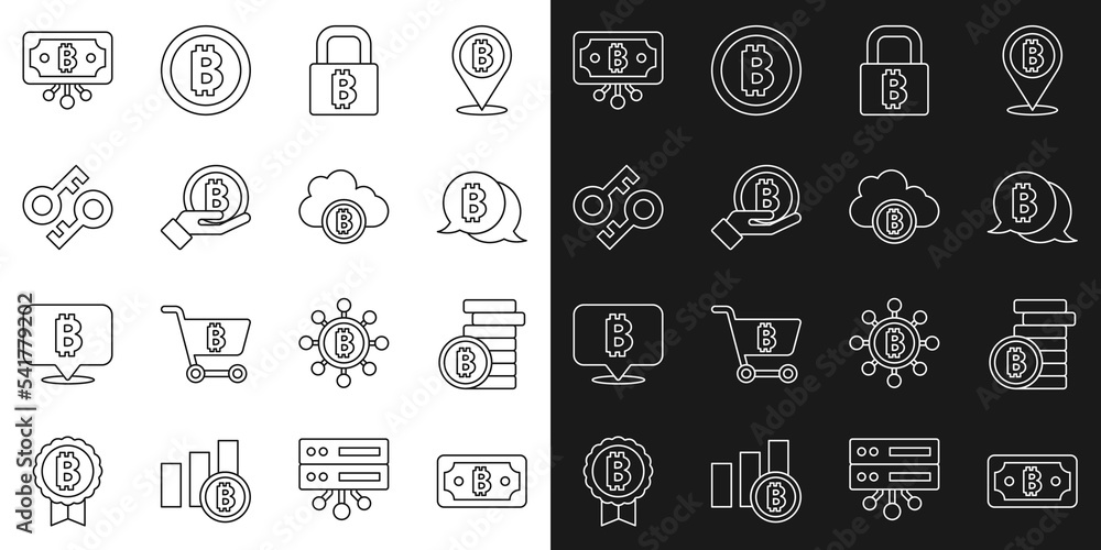 Set line Cryptocurrency bitcoin, Bitcoin, Lock with, Hand holding, key, circuit and cloud mining icon. Vector
