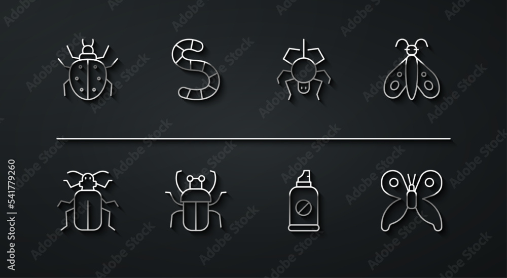 Set line Mite, Chafer beetle, Butterfly, Spray against insects, Stink bug, Worm, and Spider icon. Vector