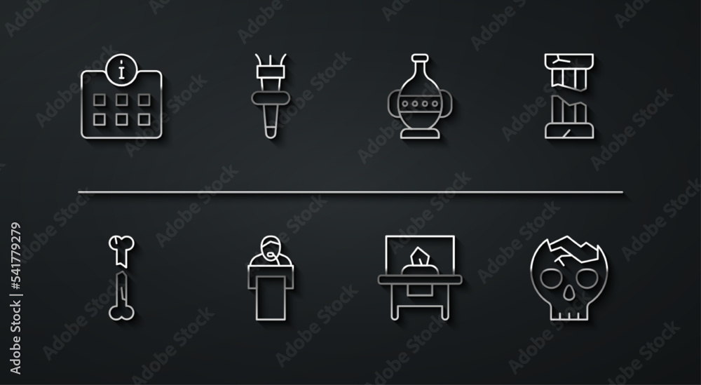 Fototapeta premium Set line Information, Human broken bone, Broken ancient column, Glass showcase exhibit, Gives lecture, Torch flame, human skull and Ancient amphorae icon. Vector