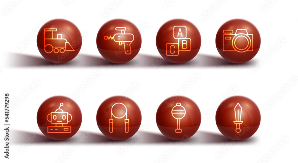 Set line Toy train, Robot toy, Photo camera, Rattle baby, Jump rope, Ray gun, Sword and ABC blocks icon. Vector Set line Toy train, Robot toy, Photo camera, Rattle baby, Jump rope, Ray gun, Sword and ABC blocks icon. Vector