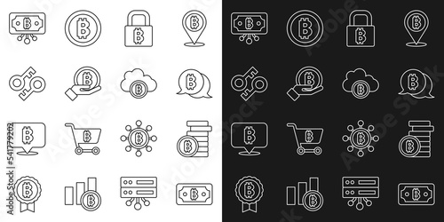 Set line Cryptocurrency bitcoin, Bitcoin, Lock with, Hand holding, key, circuit and cloud mining icon. Vector