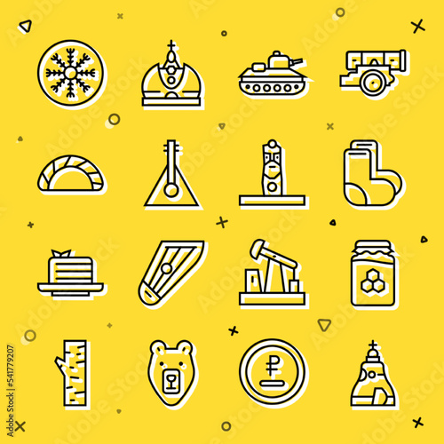 Set line The Tsar bell, Jar of honey, Valenki, Military tank, Balalaika, Dumpling, Snowflake and Slavic pagan idol icon. Vector