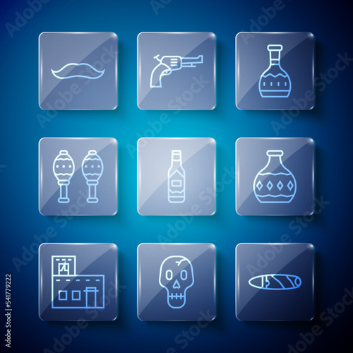 Set line Mexican house, Skull, Cigar, Tequila bottle, Tabasco sauce, Maracas, Mustache and icon. Vector