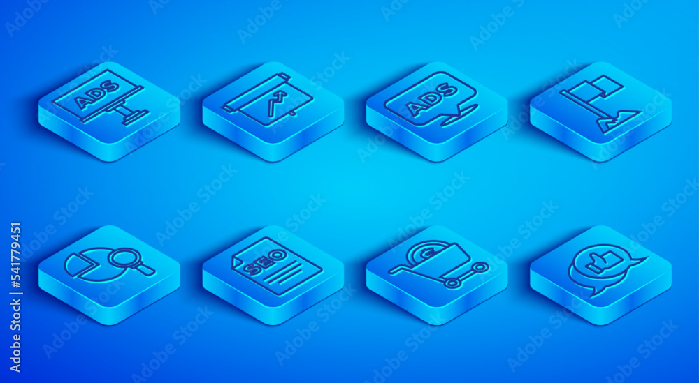 Set line Advertising, Board with graph chart, SEO optimization, Shopping cart and dollar, Location marker, Magnifying glass analysis and Customer product rating icon. Vector Set line Advertising, Board with graph chart, SEO optimization, Shopping cart and dollar, Location marker, Magnifying glass analysis and Customer product rating icon. Vector