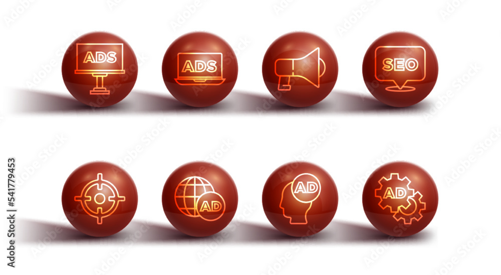 Set line Advertising, Target sport, SEO optimization, and Megaphone icon. Vector Set line Advertising, Target sport, SEO optimization, and Megaphone icon. Vector