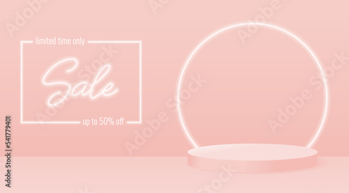 sale banner, neon lights, podium, 50 percent off