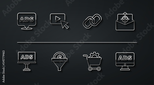 Set line Advertising, Mail and e-mail, Shopping cart, Lead management, and Chain link icon. Vector