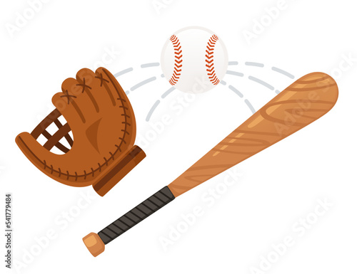 Wooden baseball bat with leather protective glove vector illustration isolated on white background