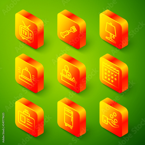 Set line Retro tv, Fork, Table lamp, Hotel service bell, reception desk, booking calendar, Identification badge and Refrigerator icon. Vector