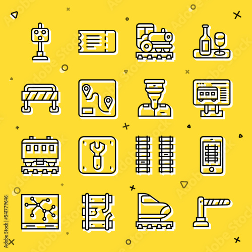 Set line Railway barrier, Buy train ticket online, Ticket office to buy tickets, Vintage locomotive, Route location, Road, Train traffic light and conductor icon. Vector