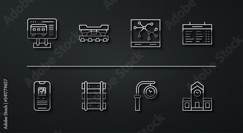 Set line Ticket office to buy tickets, E-ticket train, Train station board, clock, Railway, railroad track, Cargo wagon, and map icon. Vector