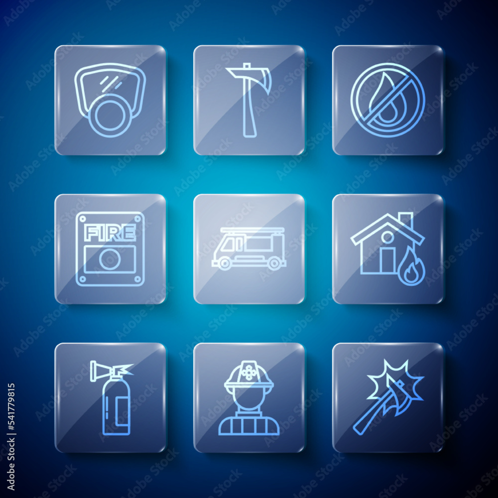 Set line Fire extinguisher, Firefighter, axe, No fire, truck, alarm system, Gas mask and burning house icon. Vector Set line Fire extinguisher, Firefighter, axe, No fire, truck, alarm system, Gas mask and burning house icon. Vector