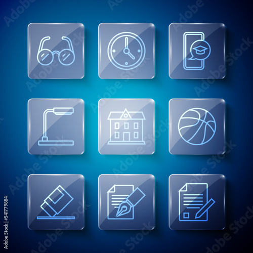 Set line Eraser or rubber, Exam sheet and pencil, Graduation cap on mobile, School building, Table lamp, Glasses and Basketball ball icon. Vector