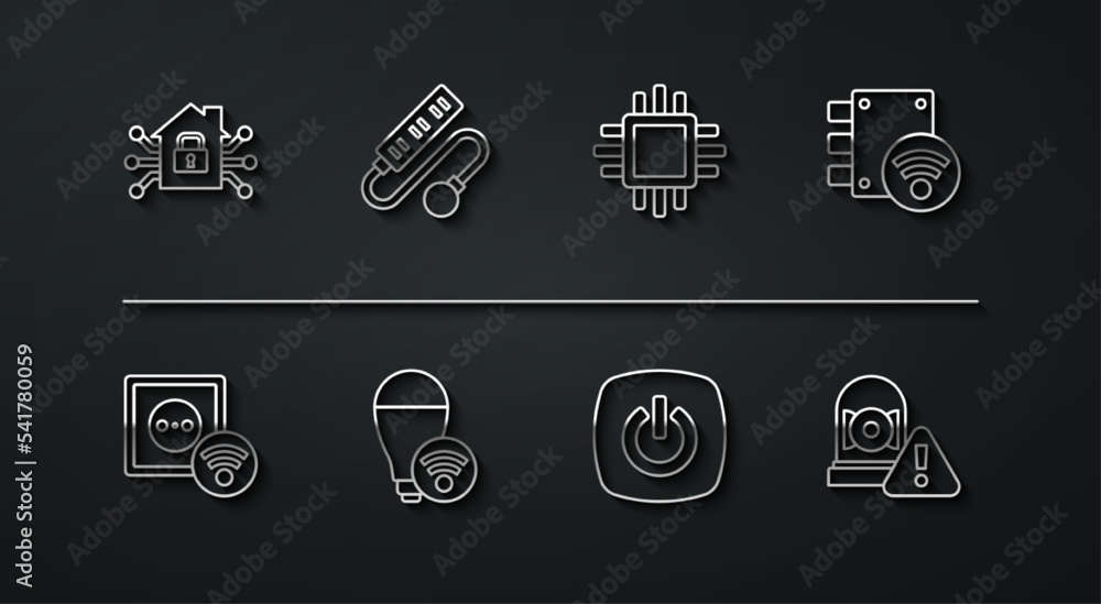 Set line Smart home, electrical outlet, Digital door lock, light bulb, Electric extension cord, Ringing alarm bell and Processor with CPU icon. Vector Set line Smart home, electrical outlet, Digital door lock, light bulb, Electric extension cord, Ringing alarm bell and Processor with CPU icon. Vector