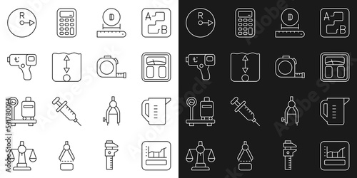 Set line Graph, schedule, chart, diagram, Measuring cup, Bathroom scales, Diameter, Depth measurement, Digital thermometer, Radius and Roulette construction icon. Vector