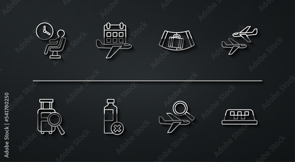 Set line Human waiting in airport terminal, Lost baggage, Plane, Airplane search, No water bottle, Calendar and airplane, Taxi car roof and Conveyor belt with suitcase icon. Vector