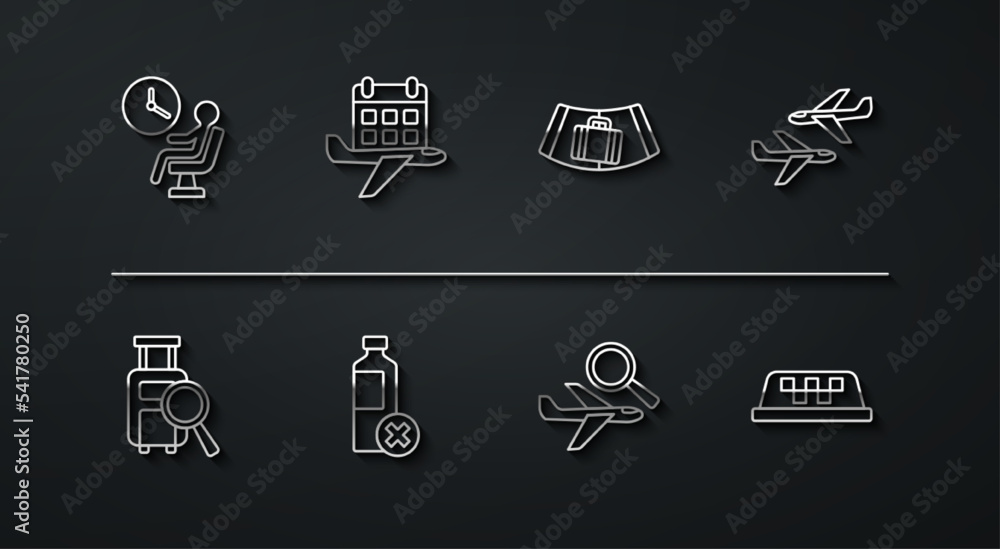 Set line Human waiting in airport terminal, Lost baggage, Plane, Airplane search, No water bottle, Calendar and airplane, Taxi car roof and Conveyor belt with suitcase icon. Vector Set line Human waiting in airport terminal, Lost baggage, Plane, Airplane search, No water bottle, Calendar and airplane, Taxi car roof and Conveyor belt with suitcase icon. Vector