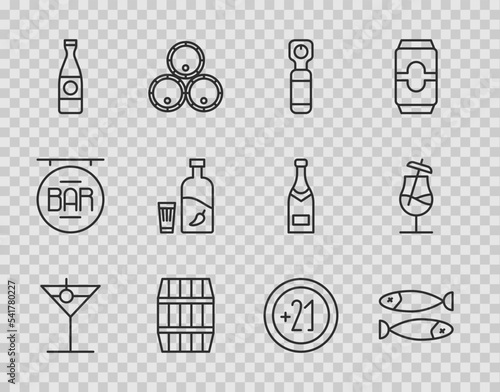 Set line Martini glass, Dried fish, Bottle opener, Wooden barrel, Beer bottle, Vodka with pepper and, Alcohol 21 plus and Cocktail icon. Vector
