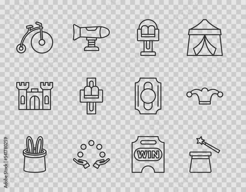 Set line Magician hat and rabbit ears, wand, Attraction carousel, Juggling ball, Vintage bicycle, Circus ticket and Jester with bells icon. Vector