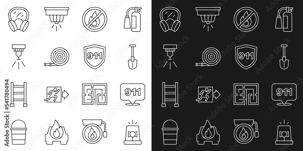 Set line Flasher siren, Emergency call 911, Fire shovel, No fire, hose reel, sprinkler system, Gas mask and icon. Vector Set line Flasher siren, Emergency call 911, Fire shovel, No fire, hose reel, sprinkler system, Gas mask and icon. Vector