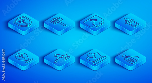 Set line Auction hammer, Hand holding auction paddle, jewelry sale, auctioneer sells, and Price tag with Sale icon. Vector