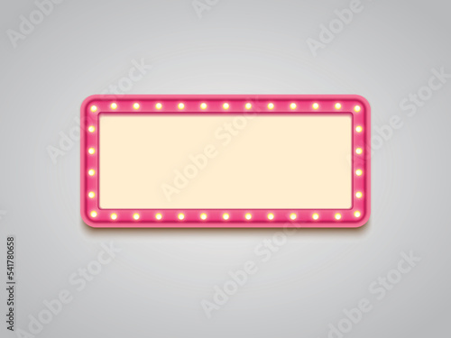 Antique shape marquee vintage 3d lightbox with glowing bulb. Pink color retro frame design vector illustration.