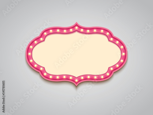 Antique shape marquee vintage 3d lightbox with glowing bulb. Pink color retro frame design vector illustration.