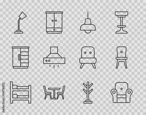 Set line Bunk bed, Armchair, Lamp hanging, Table with, lamp, Kitchen extractor fan, Coat stand and Chair icon. Vector