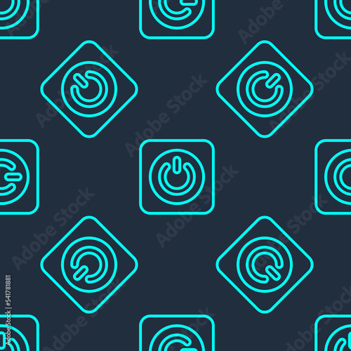 Green line Power button icon isolated seamless pattern on blue background. Start sign. Vector