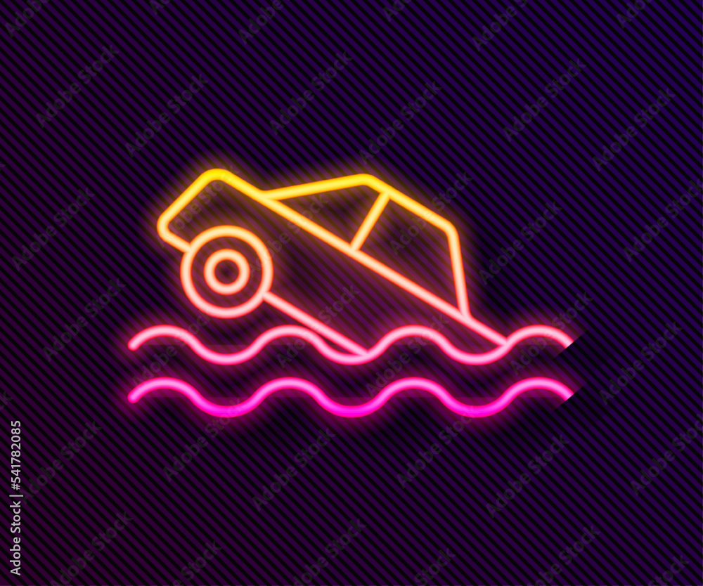 Glowing neon line Flood car icon isolated on black background. Insurance concept. Flood disaster concept. Security, safety, protection, protect concept. Vector Glowing neon line Flood car icon isolated on black background. Insurance concept. Flood disaster concept. Security, safety, protection, protect concept. Vector