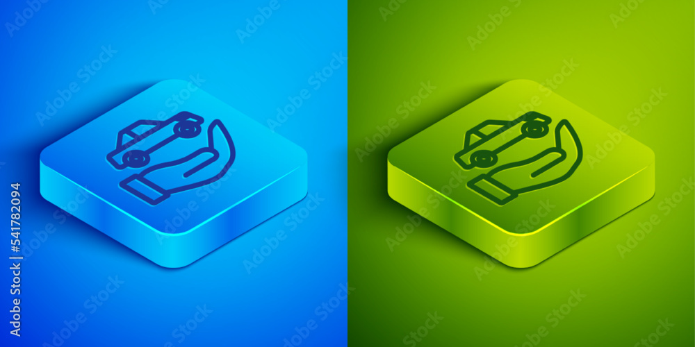 Isometric line Car insurance icon isolated on blue and green background. Insurance concept. Security, safety, protection, protect concept. Square button. Vector Isometric line Car insurance icon isolated on blue and green background. Insurance concept. Security, safety, protection, protect concept. Square button. Vector