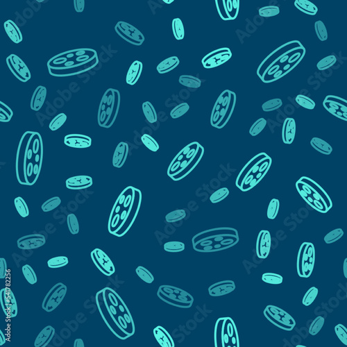 Green line Petri dish with bacteria icon isolated seamless pattern on blue background. Vector