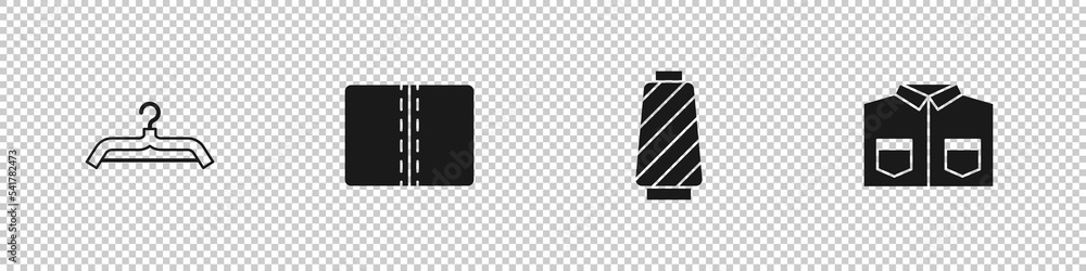 Obraz premium Set Hanger wardrobe, Textile fabric roll, Sewing thread on spool and Shirt icon. Vector